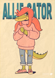 Size: 905x1280 | Tagged: safe, artist:fox-popvli, oc, oc only, oc:allie gator, alligator, crocodilian, reptile, anthro, plantigrade anthro, blushing, clothes, countershading, female, green scales, hair, hair over one eye, jeans, looking at you, orange eyes, orange hair, pants, pigtails, scales, sharp teeth, shoes, smiling, solo, solo female, sweater, tan background, teeth, text, topwear