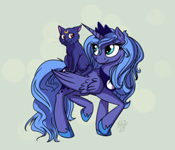 Size: 800x687 | Tagged: safe, artist:horselandgirl, luna (sailor moon), princess luna (mlp), alicorn, cat, equine, feline, fictional species, mammal, pony, feral, friendship is magic, hasbro, my little pony, sailor moon, 2011, blue body, blue eyes, blue feathers, blue fur, blue hair, crossover, crown, cutie mark, duo, duo female, eyelashes, feathered wings, feathers, female, females only, folded wings, fur, hair, hoof shoes, horn, jewelry, namesake, pun, raised leg, red eyes, regalia, riding, riding on back, side view, signature, sitting, size difference, smiling, whiskers, wings