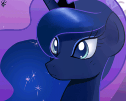 Size: 500x400 | Tagged: safe, artist:sallymon, princess luna (mlp), alicorn, equine, fictional species, mammal, pony, feral, friendship is magic, hasbro, my little pony, 2012, animated, blue body, blue fur, bust, crown, ethereal mane, eyelashes, female, front view, fur, gif, horn, jewelry, loop, low res, majestic, mare, portrait, regalia, solo, solo female, stars, three-quarter view