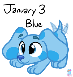 Size: 1320x1380 | Tagged: safe, artist:rainbow eevee, blue (blue's clues), canine, dog, mammal, feral, blue's clues, nickelodeon, 2d, blue body, blue fur, female, front view, fur, simple background, smiling, solo, solo female, tail, tail wag, three-quarter view, white background
