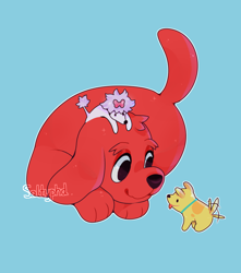 Size: 750x850 | Tagged: safe, artist:cupidcry, cleo (clifford), clifford (clifford), t-bone (clifford), bulldog, canine, dog, mammal, poodle, feral, clifford the big red dog, pbs, cute, female, fur, group, larger male, macro/micro, male, purple body, purple fur, red body, red fur, size difference, smaller female, smaller male, trio, yellow body, yellow fur