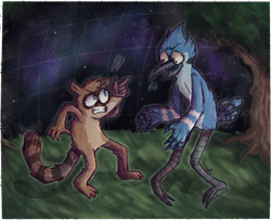 Size: 1229x997 | Tagged: safe, artist:becreepy, mordecai (regular show), rigby (regular show), bird, blue jay, corvid, jay, mammal, procyonid, raccoon, songbird, anthro, cartoon network, regular show, 2020, beak, bird feet, blue feathers, brown body, brown fur, duo, duo male, feathers, fur, grass, gritted teeth, male, males only, ringtail, signature, space, tail, teeth, tree, white feathers, wing hands