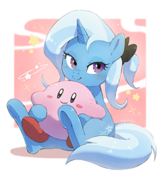 Size: 1847x2033 | Tagged: safe, artist:nendo23, kirby (kirby), trixie (mlp), equine, fictional species, mammal, pony, unicorn, feral, friendship is magic, hasbro, kirby (series), my little pony, nintendo, 2021, crossover, duo, duo male and female, female, horn, male, mare, sitting, smiling, tail