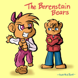 Size: 600x600 | Tagged: safe, artist:southparktoaist, bear, mammal, anthro, berenstain bears, pbs, 2d, brother, brother and sister, brother bear (berenstain bears), cub, duo, female, male, siblings, simple background, sister, sister bear (berenstain bears), yellow background, young