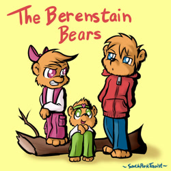Size: 600x600 | Tagged: safe, artist:southparktoaist, bear, mammal, anthro, berenstain bears, pbs, 2d, brother, brother and sister, brother bear (berenstain bears), cub, female, group, honey bear (berenstain bears), male, siblings, simple background, sister, sister bear (berenstain bears), trio, yellow background, young