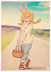 Size: 905x1280 | Tagged: safe, artist:fox-popvli, oc, oc only, oc:flora (fox-popvli), hare, lagomorph, mammal, anthro, plantigrade anthro, basket, blonde, blurred background, border, buckteeth, clothes, egg, female, glasses, holding object, jeans, looking at you, outdoors, pants, round glasses, shoes, smiling, sneakers, solo, solo female, sweater, teeth, topwear, turtleneck, white border
