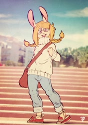 Size: 905x1280 | Tagged: safe, artist:fox-popvli, oc, oc only, oc:flora (fox-popvli), hare, lagomorph, mammal, anthro, plantigrade anthro, blonde, blurred background, bottomwear, brown eyes, buckteeth, clothes, female, glasses, holding object, jeans, looking at you, messenger bag, pants, round glasses, shoes, smiling, sneakers, solo, solo female, sweater, teeth, topwear, turtleneck