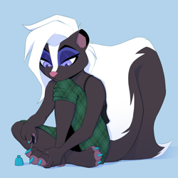Size: 2500x2500 | Tagged: safe, artist:pudge ruffian, oc, oc:courtney, mammal, skunk, anthro, plantigrade anthro, cc by-nc, creative commons, barefoot, black body, black fur, blue background, bottomwear, claws, clothes, ears, eyeshadow, feet, female, fur, gift art, hair, high res, illustration, makeup, multicolored fur, nail polish, paintbrush, pants, paw feet, paws, plaid, purple eyes, simple background, sitting, solo, solo female, tank top, topwear, two toned body, two toned fur, white body, white fur, white hair