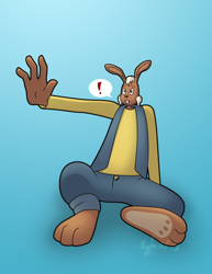 Size: 800x1035 | Tagged: safe, artist:northstar2x, lagomorph, mammal, rabbit, anthro, dylan (the magic roundabout), exclamation point, gradient background, male, solo, solo male, the magic roundabout (series), tiny head, wat