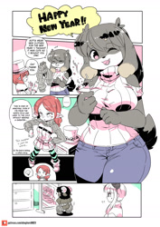 Size: 1300x1841 | Tagged: safe, artist:shepherd0821, bovid, canine, demon, dog, elf, fictional species, goat, mammal, anthro, humanoid, big breasts, breasts, clothes, female, holiday, horns, male, new year, party popper, shrug, sweater, sweater puppies, top hat, topwear