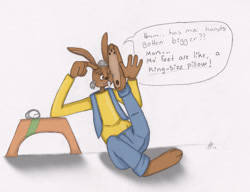 Size: 2060x1584 | Tagged: safe, artist:blackninjatwin, lagomorph, mammal, rabbit, anthro, dylan (the magic roundabout), male, solo, solo male, speech bubble, the magic roundabout (series), tiny head, traditional art, wat