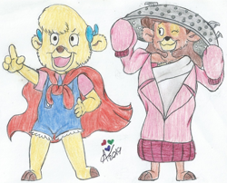 Size: 1389x1121 | Tagged: safe, artist:allana-san, molly cunningham (talespin), rebecca cunningham (talespin), bear, mammal, anthro, disney, talespin, 2d, female, height reduction, playing, traditional art