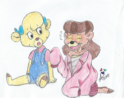 Size: 1372x1082 | Tagged: safe, artist:allana-san, molly cunningham (talespin), rebecca cunningham (talespin), bear, mammal, anthro, disney, talespin, 2d, female, height reduction, playing, traditional art