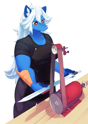 Size: 2500x3500 | Tagged: safe, artist:theborealyoako, fictional species, samurott, anthro, cc by-nc, creative commons, nintendo, pokémon, apron, belt sander, blacksmith, blue body, blue fur, clothes, commission, ear fluff, female, fluff, fur, hair, hands, high res, illustration, long hair, machine, muscles, red eyes, shirt, simple background, snout, solo, solo female, starter pokémon, sword, t-shirt, table, topwear, weapon, white background, white hair
