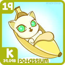 Size: 600x600 | Tagged: safe, artist:sevdha, part of a set, cat, feline, mammal, feral, series:the purriodic table of the elements, ambiguous gender, banana, british shorthair, food, fruit, k, kalium, periodic table, potassium, solo, solo ambiguous, wat