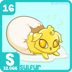 Size: 600x600 | Tagged: safe, artist:sevdha, part of a set, cat, feline, mammal, scottish fold, feral, series:the purriodic table of the elements, ambiguous gender, egg, eggshell, lying down, periodic table, prone, solo, solo ambiguous, sulfur, sulphur, visible stench