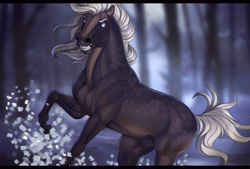 Size: 1280x863 | Tagged: safe, artist:karmen16, equine, horse, mammal, feral, 2021, animal genitalia, blurred background, brown body, brown fur, cream hair, digital art, eyebrows, forest, fur, gritted teeth, hair, male, mane, nostrils, nudity, outdoors, sheath, sheathed, snow, solo, solo male, spotted fur, stallion, tail, teeth