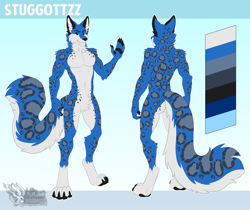 Size: 1280x1076 | Tagged: safe, artist:vallhund, oc, oc only, oc:stuggottzz, big cat, canine, feline, hybrid, mammal, snow leopard, wolf, anthro, digitigrade anthro, 2018, belly button, blue body, blue fur, character name, cheek fluff, claws, color palette, digital art, featureless crotch, fluff, fur, gray body, gray fur, male, neck fluff, paw pads, paws, pubic fluff, reference sheet, shoulder fluff, solo, solo male, spotted fur, tail, tail fluff, watermark