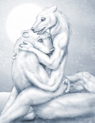 Size: 927x1200 | Tagged: suggestive, artist:wookiee, bear, mammal, polar bear, anthro, 2011, anthro/anthro, claws, cuddling, fangs, fur, hands, hug, looking at each other, male, male/male, males only, nudity, open mouth, sharp teeth, signature, size difference, tail, teeth, water, white body, white fur
