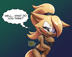 Size: 2775x2200 | Tagged: suggestive, artist:uhmsprs, whisper the wolf (sonic), canine, mammal, wolf, anthro, idw sonic the hedgehog, sega, sonic the hedgehog (series), arm under breasts, belly button, bent over, black nose, blonde hair, blonde tail, blushing, bra, breasts, brown body, brown fur, clothes, dialogue, eyebrows, eyelashes, eyes closed, fangs, female, fur, hair, hair tie, hand on breast, high res, lingerie, long hair, mask (facial marking), open mouth, open smile, pale belly, panties, ponytail, sharp teeth, smiling, solo, solo female, speech bubble, tail, talking, talking to viewer, teeth, underwear