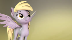 Size: 1280x720 | Tagged: safe, artist:aeridiccore, artist:skytail07, derpy hooves (mlp), equine, fictional species, mammal, pegasus, pony, feral, friendship is magic, hasbro, my little pony, 2020, 3d, derp, feathered wings, feathers, female, gradient background, mare, smiling, solo, solo female, source filmmaker, spread wings, tail, wings