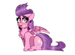 Size: 1262x931 | Tagged: safe, artist:moodi, clear skies (mlp), equine, fictional species, mammal, pegasus, pony, feral, friendship is magic, hasbro, my little pony, 2020, :p, blushing, chest fluff, cute, cutie mark, eyebrows, feathered wings, feathers, female, floppy ears, fluff, folded wings, looking at you, mare, simple background, sitting, solo, solo female, tail, tongue, tongue out, transparent background, wings