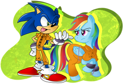 Size: 1280x879 | Tagged: safe, artist:pinkandorangesunset, rainbow dash (mlp), sonic the hedgehog (sonic), equine, fictional species, hedgehog, mammal, pegasus, pony, anthro, feral, friendship is magic, hasbro, my little pony, sega, sonic the hedgehog (series), 2020, clothes, crossover, duo, female, male, mare, prison outfit, quills
