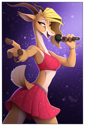 Size: 1690x2500 | Tagged: safe, artist:yakovlev-vad, gazelle (zootopia), antelope, bovid, gazelle, mammal, anthro, disney, zootopia, 2020, 2021, abstract background, bedroom eyes, blonde hair, border, bottomwear, breasts, brown body, brown fur, clothes, crop top, digital art, ears, eyelashes, female, fur, hair, horns, lidded eyes, looking at you, microphone, midriff, multicolored fur, open mouth, pose, shirt, skirt, smiling, solo, solo female, tail, tank top, thighs, tongue, topwear, ungulate, white body, white border, white fur, wide hips