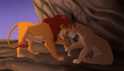 Size: 2000x1143 | Tagged: safe, artist:mgangalion, sarabi (the lion king), simba (the lion king), big cat, feline, lion, mammal, feral, disney, the lion king, 2018, brown hair, cream body, cream fur, digital art, duo, eyes closed, female, fur, hair, head to head, male, mane, mother, mother and child, mother and son, nuzzling, paw pads, paws, raised leg, rock, son, tan body, tan fur, underpaw, yellow body, yellow fur