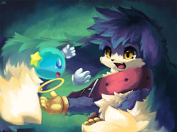Size: 1155x861 | Tagged: safe, artist:ノーイ, huepow (klonoa), klonoa (klonoa), ambiguous species, fictional species, mammal, ring spirit, anthro, bandai namco, klonoa, namco, 2015, blue eyes, chest fluff, clothes, collar, duo, duo male, fangs, fluff, gloves, imminent hug, long ears, male, males only, open mouth, sharp teeth, signature, smiling, teary eyes, teeth, yellow eyes