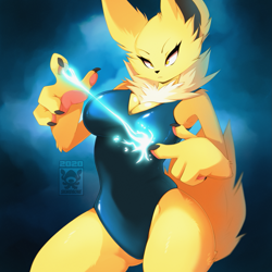 Size: 1155x1155 | Tagged: safe, artist:skwidbone, oc, oc only, eeveelution, fictional species, jolteon, mammal, anthro, nintendo, pokémon, 2020, 4 fingers, amber eyes, arm fluff, black nose, breasts, butt, cheek fluff, cleavage, clothes, ear fluff, electricity, eyebrows, eyelashes, female, fluff, fur, hip fluff, leotard, neck fluff, paw pads, paws, shoulder fluff, solo, solo female, tail, tail fluff, thick thighs, thighs, underass, yellow body, yellow fur