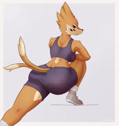 Size: 1207x1280 | Tagged: suggestive, artist:cooliehigh, buizel, fictional species, mammal, anthro, plantigrade anthro, nintendo, pokémon, 2018, bottomwear, butt, clothes, crop top, female, lidded eyes, looking at you, looking back, multiple tails, red eyes, shorts, sneakers, solo, solo female, stretching, tail, tank top, topwear