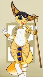 Size: 721x1280 | Tagged: safe, artist:ineedanaccount, oc, oc only, oc:ropa, canine, jackal, mammal, anthro, blue eyes, clothes, egypt, female, loincloth, looking at you, smiling, solo, solo female