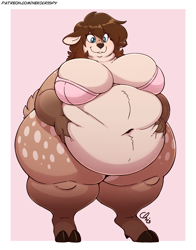 Size: 825x1050 | Tagged: suggestive, artist:nekocrispy, oc, oc only, cervid, deer, mammal, anthro, unguligrade anthro, 2021, belly button, bra, breasts, brown body, brown fur, brown hair, clothes, commission, dewclaw, digital art, double chin, fat, fat fetish, female, fur, green eyes, hair, hooves, huge belly, huge breasts, hyper, morbidly obese, multicolored fur, obese, smiling, solo, solo female, standing, underwear