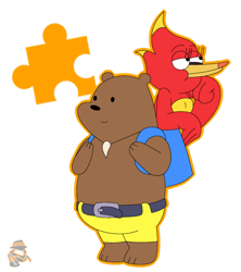 Size: 1024x1152 | Tagged: safe, artist:theoctoberscarf, banjo (banjo-kazooie), kazooie (banjo-kazooie), bear, bird, breegull, fictional species, mammal, red crested breegull, anthro, plantigrade anthro, banjo-kazooie, cartoon network, rareware, regular show, we bare bears, crossover, duo, female, male, simple background, style emulation, transparent background