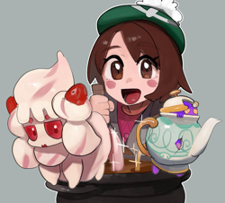 Size: 995x898 | Tagged: safe, artist:liteu, gloria (pokémon), alcremie, fictional species, ghost, human, mammal, undead, feral, nintendo, pokémon, ambiguous gender, blush sticker, brown eyes, cauldron, clothes, colored sclera, curry, drink, female, food, gray background, group, hair, hat, looking at you, open mouth, pokémon trainer, polteageist, red sclera, simple background, smiling, sparkles, tea, topwear, trio, whipped cream