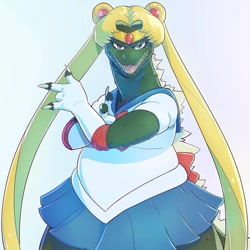 Size: 857x857 | Tagged: safe, artist:eymbee, godzilla (godzilla), usagi tsukino (sailor moon), fictional species, kaiju, monster, reptile, anthro, godzilla (series), sailor moon, bottomwear, claws, clothes, commission, cosplay, crossdressing, crossover, green body, green scales, looking at you, male, open mouth, pose, sailor outfit, scales, sharp teeth, simple background, skirt, solo, solo male, tail, teeth, tiara, white background, wig