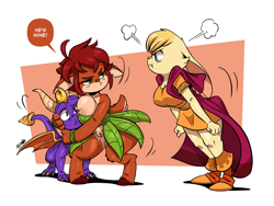 Size: 2000x1500 | Tagged: suggestive, artist:joaoppereiraus, bianca (spyro), elora (spyro), spyro the dragon (spyro), dragon, faun, fictional species, lagomorph, mammal, rabbit, anthro, feral, plantigrade anthro, unguligrade anthro, spyro the dragon (series), 2020, abstract background, angry, areola, areola slip, bisexual, breast squish, breasts, brown body, brown fur, clothes, cream body, cream fur, female, floppy ears, fluff, fur, group, holding character, hooves, knee fluff, leg fluff, looking at each other, love triangle, male, male/female, motion lines, shipping, simple background, speech bubble, spyrobianca (spyro), spyrolora (spyro), trio, unamused, white background