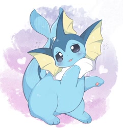 Size: 1157x1199 | Tagged: safe, artist:rokacake, eeveelution, fictional species, mammal, vaporeon, feral, nintendo, pokémon, 2021, 2d, abstract background, adorafatty, ambiguous gender, big tail, blue body, blushing, cute, digital art, fat, fins, fish tail, heart, long tail, looking at you, multicolored body, open mouth, overweight, paw pads, paws, raised tail, sitting, slightly chubby, smiling, smiling at you, solo, solo ambiguous, tail, underpaw