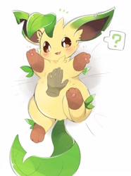 Size: 1190x1599 | Tagged: safe, artist:rokacake, eeveelution, fictional species, leafeon, mammal, feral, nintendo, pokémon, 2021, ambiguous gender, bellyrubs, blushing, brown sclera, colored sclera, digital art, disembodied hand, fur, lying down, on back, paws, question mark, slightly chubby, smiling, tan body, tan fur, underpaw, white eyes