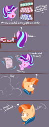 Size: 800x2042 | Tagged: safe, artist:burgerkiss, starlight glimmer (mlp), sunburst (mlp), equine, fictional species, mammal, pony, unicorn, ambiguous form, friendship is magic, hasbro, my little pony, 2017, book, candle, clothes, comic, dialogue, digital art, duo, duo male and female, ears, female, fur, glowing, glowing horn, hair, horn, magic, male, male/female, mare, open mouth, shipping, shocked, spell, stallion, starburst (mlp), swearing, table, talking, text, tongue, vulgar