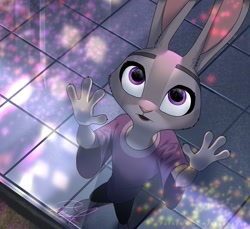 Size: 1991x1824 | Tagged: safe, artist:relaxableart, judy hopps (zootopia), lagomorph, mammal, rabbit, anthro, disney, zootopia, 2021, against glass, bottomwear, clothes, female, fur, gray body, gray fur, high angle, long ears, looking up, multicolored fur, open mouth, pants, purple eyes, reflection, shirt, signature, solo, solo female, topwear, two toned body, two toned fur, window
