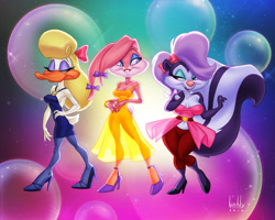 Size: 1000x800 | Tagged: safe, artist:birchly, babs bunny (tiny toon adventures), fifi la fume (tiny toon adventures), shirley the loon (tiny toon adventures), bird, lagomorph, mammal, rabbit, skunk, waterfowl, anthro, plantigrade anthro, tiny toon adventures, warner brothers, bow, breasts, cleavage, clothes, dress, female, females only, hair bow, high heels, legwear, lidded eyes, loon, one eye closed, scene interpretation, see-through, shoes, smiling, stockings, trio, trio female