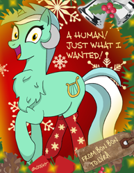Size: 2394x3096 | Tagged: safe, artist:qnight, lyra heartstrings (mlp), equine, fictional species, mammal, pony, unicorn, feral, friendship is magic, hasbro, my little pony, 2020, chest fluff, christmas, christmas decoration, christmas lights, clothes, dialogue, female, fluff, high res, holiday, holly, horn, human lovers, lights, looking at you, mare, open mouth, snowflake, socks, solo, solo female, tail, talking