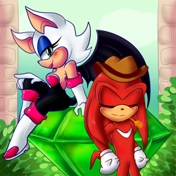 Size: 2000x2000 | Tagged: safe, artist:yoshiyoshi700, knuckles the echidna (sonic), rouge the bat (sonic), anthro, plantigrade anthro, sega, sonic the hedgehog (series), 2021, duo, female, high res, male, male/female, master emerald, quills, red tail, tail