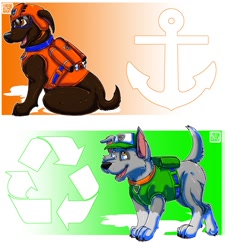 Size: 1152x1280 | Tagged: safe, artist:xtrent968, rocky (paw patrol), zuma (paw patrol), canine, dog, labrador, mammal, mutt, feral, nickelodeon, paw patrol, black nose, cap, clothes, collar, digital art, duo, duo male, ears, fur, hat, helmet, male, males only, open mouth, sharp teeth, sitting, suit, tail, teeth, tongue