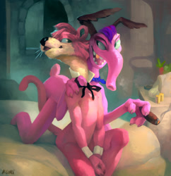 Size: 1238x1280 | Tagged: safe, artist:klongi, cyril sneer (the raccoons), snagglepuss (hanna-barbera), aardvark, big cat, cougar, feline, mammal, anthro, hanna-barbera, the raccoons (series), 2021, anthro/anthro, black nose, blue eyes, bow, bow tie, cigar, claws, clothes, coin, cream body, cream fur, crossover, crossover shipping, digital art, digital painting, duo, duo male, fur, gold tooth, hair, hand hold, holding, indoors, interspecies, kneeling, male, male/male, males only, nudity, open mouth, pink body, pink fur, pink hair, proboscis, purple hair, shipping, short tail, signature, sitting, smoke, tail, trunk, whiskers