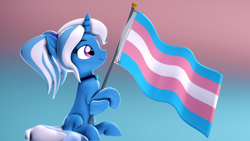 Size: 3840x2160 | Tagged: safe, artist:psfmer, artist:whiteskyline, trixie (mlp), equine, fictional species, mammal, pony, unicorn, feral, friendship is magic, hasbro, my little pony, 16:9, 2021, 3d, female, flag, high res, horn, jewelry, looking up, mare, mtf transgender, necklace, pride flag, sitting, smiling, solo, solo female, source filmmaker, tail, transgender, transgender pride flag, wallpaper