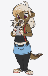 Size: 791x1247 | Tagged: safe, artist:reign-2004, oc, oc only, mammal, mustelid, otter, anthro, plantigrade anthro, 2018, blonde hair, bottomwear, brown body, brown fur, cell phone, clothes, colored pupils, crop top, digital art, female, fur, hair, legwear, midriff, multicolored fur, phone, red eyes, simple background, skirt, smartphone, solo, solo female, standing, tail, tan body, tan fur, tank top, topwear, whiskers