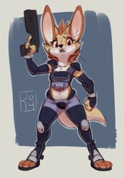 Size: 984x1404 | Tagged: safe, artist:reign-2004, oc, oc only, canine, fennec fox, fox, mammal, anthro, digitigrade anthro, 2018, armor, clothes, crop top, digital art, female, fur, gun, looking at you, midriff, multicolored fur, open mouth, red eyes, solo, solo female, tan body, tan fur, topwear, unconvincing armor, vixen, weapon, white body, white fur